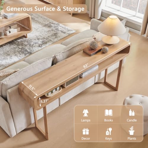 63-Inch Long Console Table, 31.5" Tall Modern Entryway Table with Open Storage Shelf, Curved Profile Design, Narrow Wood Sofa Table Behind Couch Table for Living Room, Hallway,Foyer, Natural Oak