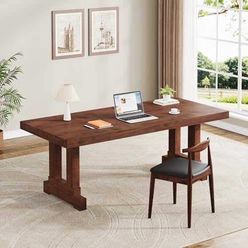 Solid Wood Computer Desk 63inches for Home Office, Dark Walnut, Sturdy Wood Legs, view 5