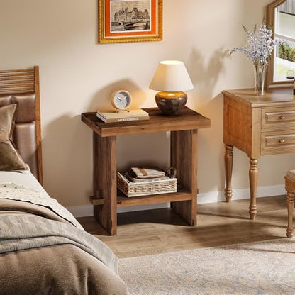 Solid Wood Nightstand with Storage, Farmhouse Bedside Table for Bedroom, Rectangle Night Stand with Wooden Base, Wooden Side End Table for Bedroom, Accent Furniture (2, Brown)