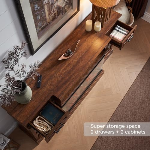 3-Sided Glass Farmhouse Fireplace TV Stand for TVs up to 80'', Highboy Entertainment Center with Glass Door Storage Cabinet, 70'' Large TV Stands with 36'' Electric Fireplace, Reclaimed Barnwood