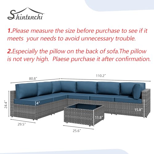 7 Pieces Outdoor Patio Furniture Sets, Patio Sectional Sofa Couch, Gray PE Wicker Furniture Modular Patio Conversation Sets Patio Sofa with Washable Cushions, Aegean Blue