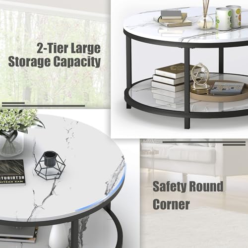Round Coffee Table 33.5" Coffee Tables for Living Room High Glossy Faux White Marble Top Modern Circle Table Sturdy Metal Frame Legs Cocktail Table with Storage Open Shelf