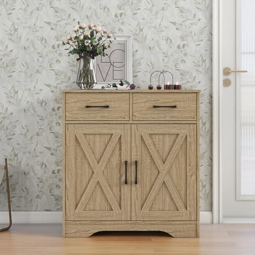 Sideboard 2 Drawers 2 Doors Entryway Storage Cabinet Living Room Organizer Farmhouse Style Wooden Kitchen Cupboard (Nature)