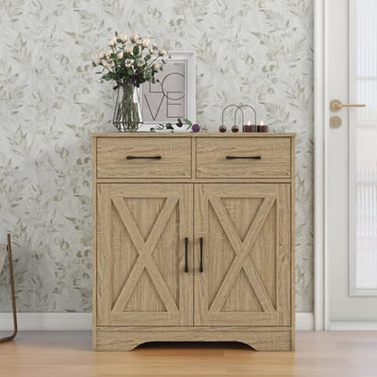 Sideboard 2 Drawers 2 Doors Entryway Storage Cabinet Living Room Organizer Farmhouse Style Wooden Kitchen Cupboard (Nature)