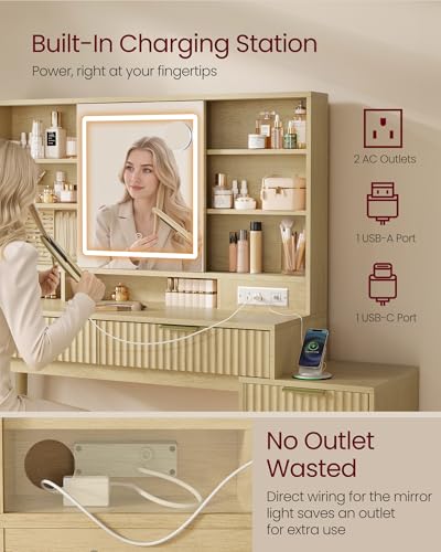 VASAGLE Fluted Vanity Desk with Sliding Mirror and Lights, 5 Drawers, view 8