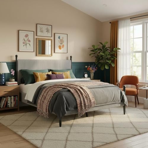 Queen Size Upholstered Bed Frame, with Velvet Headboard, view 6