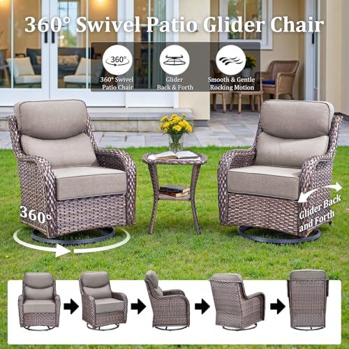 Luxury High Back Patio Furniture Set with 6-Inch Thick Cushions, 4-Pieces Outdoor Furniture with Swivel Chairs Fire Pit, Wicker Conversation Set for Porch, Balcony, Deck and Yard, Brown/Grey