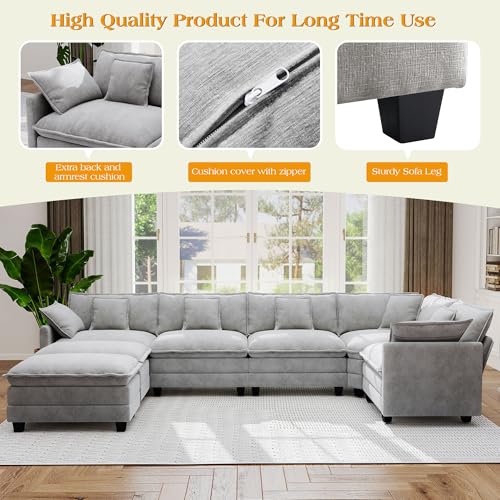 113.8" Modular Sectional Sofa,Cloud Couch for Living Room,Modern Deep Seat Sofa 5 Seater Chenille Fabric Comfy L Shaped Couches with Throw Pillows & Movable Ottoman for Apartment