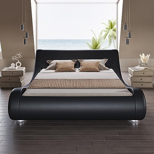 Queen Size Sleigh Bed Frame, Low Profile, Faux Leather, Black, view 4
