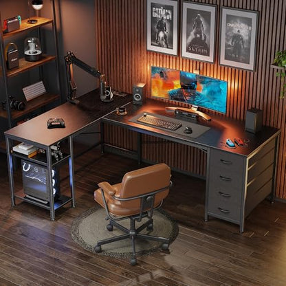 55 Inch L Shaped Desk with Fabric Drawers, Reversible Computer Gaming Desk with Power Outlets and USB-C Port, Adjustable Side Storage Shelves, for Work Study Corner Home Office, Black
