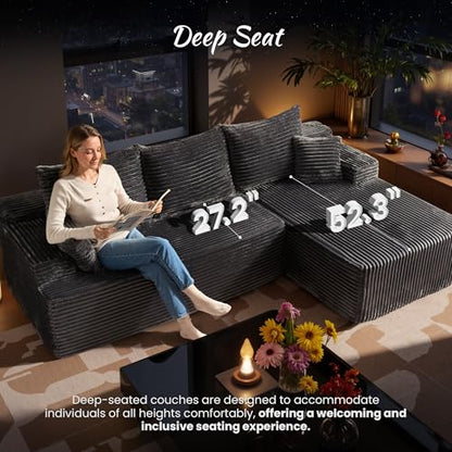 104" Cloud Boneless Couch with Glitter Fabric, Moudular Sectional Sofa with Deep Seat, No Assembly Required, Modern Minimalist L Shaped Couches with Chaise for Living Room, Grey