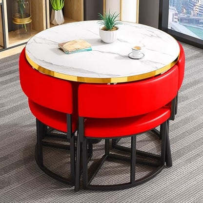 Modern Round Dining Table Set for 4 with Chairs Space Saving Kitchen Furniture in Green Color,Red-One Size