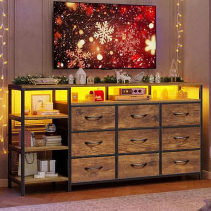TV Stand for 60 Inches, Dresser With Charging Station & LED Lights, 9 Fabric Drawers, Entertainment Center and Industrial Console Table With Open Shelves for Living Room, Bedroom, Rustic Brown