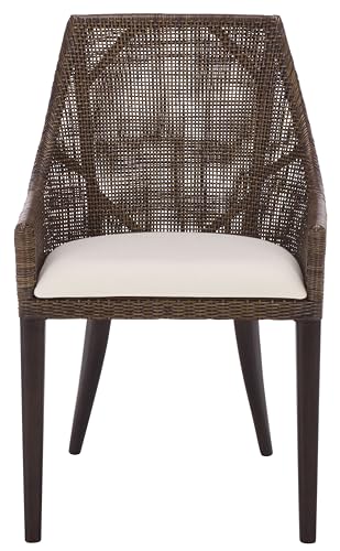 SAFAVIEH Home Collection – Maro Dark Brown Rattan Arm Chair with Ivory Seat Cushion, Modern Curved Silhouette, Fully Assembled (ACH4905A)