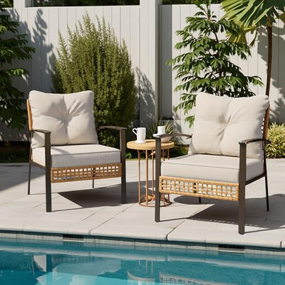 Outdoor Rattan Bistro Set, Patio Furniture Wicker Chairs Set of 2 with Deep Seating and Thick Cushions, Oversize Conversation Set for Garden, Balcony and Backyard (Beige)