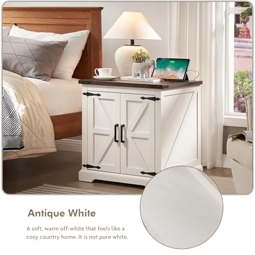 Farmhouse End Table with Charging Station,24" Large Sofa Side Table with Barn Door, Rustic Wood Square Nightstand Bedside Table with Adjustable Shelf for Living Room, Bedroom,Antique White
