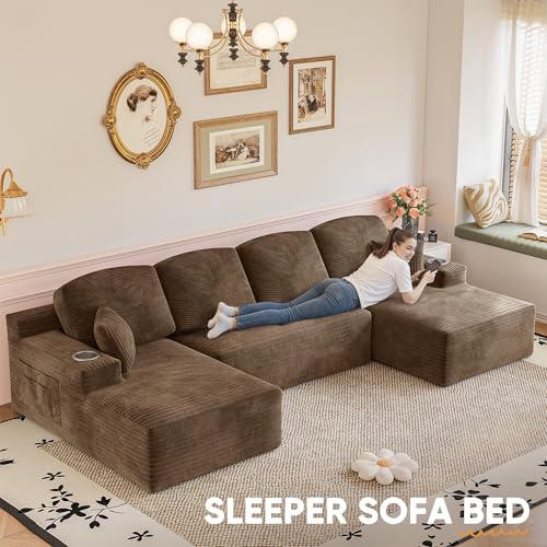 142" Boneless Couch, Modular Sectional Sofa, No Assembly Required, Memory Foam Filling, Corduroy U-Shaped Sofa, Movable Multi-Person Couch for Living Room (Brown)