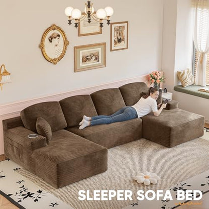 142" Boneless Couch, Modular Sectional Sofa, No Assembly Required, Memory Foam Filling, Corduroy U-Shaped Sofa, Movable Multi-Person Couch for Living Room (Brown)