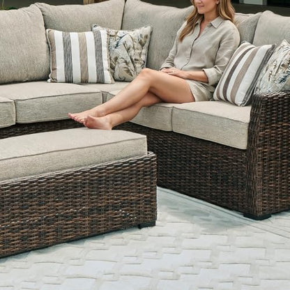 Signature Design by Ashley Brook Ranch Outdoor Sectional, All‑Weather Resin Wicker Patio Furniture With High‑Performance Cushions, Durable Aluminum Frame, Neutral