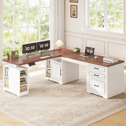 Farmhouse L Shaped Standing Desk with Storage for Home Office, White, view 4
