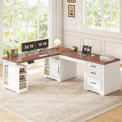 Farmhouse L Shaped Standing Desk with Storage for Home Office, White, view 4