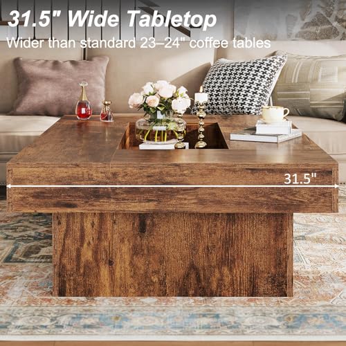 Rustic Coffee Table, Large Wood Living Room Table with Storage, Modern Long Rectangle Led Center Table, Farmhouse Unique Low Wide Tea Table with LED Light for Home Office, 47.24 in, Rustic Brown