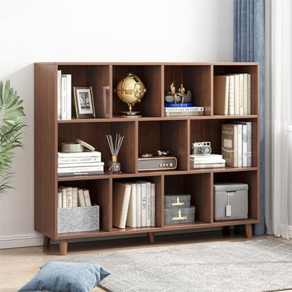 IOTXY Open Cubes Low Bookcase - 3-Tier 11-Cube Short Bookshelf in Walnut | Nordic Minimalist Style, MDF Material, Solid Wood Legs, Deep Storage Cubes, Free Standing Wooden Cabinet Organizer Unit