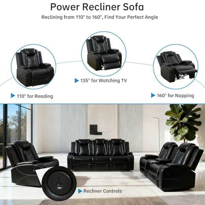 Living Room Furniture Sets, Power Recliner Sectional Sofa with LED Lights, Leather Couch Set, Reclining Sofa for Living Room, Home Theater,and Office (3PCS Set, Black)