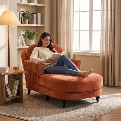 59.8” Chaise Lounge Chair Indoor, Oversized Reading Armchair, Orange, view 2