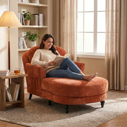 59.8” Chaise Lounge Chair Indoor, Oversized Reading Armchair, Orange, view 2