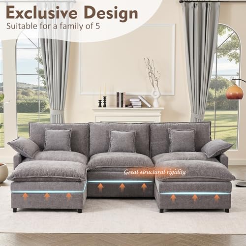 108" U-Shaped Modular Cloud Couch, Deep Seat, Chenille Slate | Cloud Comfort, Couches for Living Room, Removable & Machine-Washable Covers, Movable Ottoman, Modular Sectional Sofa