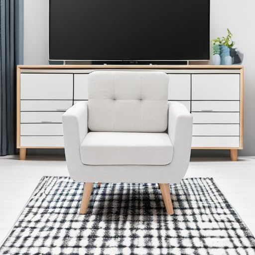 Linen Fabric Single Sofa, Accent Chair, Mid Century Modern Armchair for Living Room, Bedroom Button Tufted Upholstered Comfy Reading Sofas, Beige