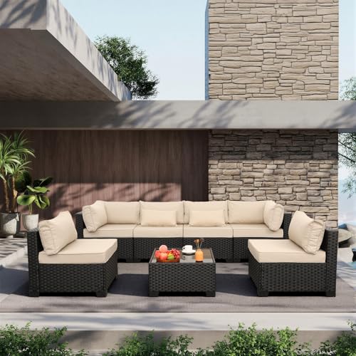 7 Pieces Outdoor PE Wicker Furniture Set Patio Rattan Sectional Conversation Sofa Set with Khaki Cushions and Glass Top Table
