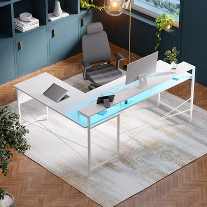 64 Inch L Shaped Gaming Desk with Power Outlets and Led Lights, Large Corner Computer Desk with Monitor Stand and Pegboard, PC Table for Home Office and Bedroom White