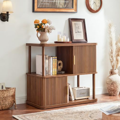 2-Tier Walnut Bookshelf 4-Cube Display Bookcase with Sliding Doors, view 2