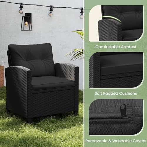 3 Pieces Patio Furniture Set, Wicker Conversation Set Outdoor Chairs with Cushions, Glass Coffee Table, Rattan Bistro Set for Front Porch Balcony Garden Deck Poolside (Black)