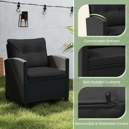 3 Pieces Patio Furniture Set, Wicker Conversation Set Outdoor Chairs with Cushions, Glass Coffee Table, Rattan Bistro Set for Front Porch Balcony Garden Deck Poolside (Black)