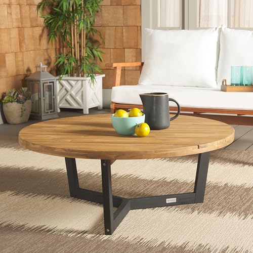 SAFAVIEH Outdoor, Leo Round Coffee Table, Natural & Black, Solid Wood, view 3