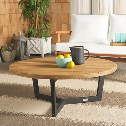 SAFAVIEH Outdoor, Leo Round Coffee Table, Natural & Black, Solid Wood, view 3