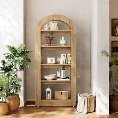 5-Tier Bookshelf, Arch-Shaped Racks, Tall Standing Wooden Bookcase Display Shelf Modern Storage Solution (2, Teak Color)