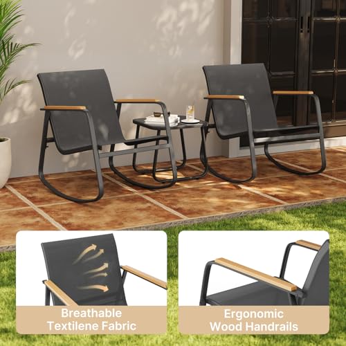 3 Piece Rocking Bistro Set, Textilene Fabric Patio Furniture Set, Front Porch Rocker Chairs with Coffee Table for Lawn, Garden, Balcony, Poolside (Black)