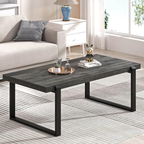 Modern Coffee Table, Rustic Wood and Metal Center Table, Rectangle Cocktail Tea Table for Living Room, Grey, 44 Inch