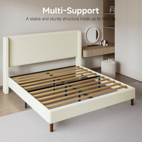 Queen Bed Frame, Boucle Upholstered Platform Bed with Wingback Headboard, view 6