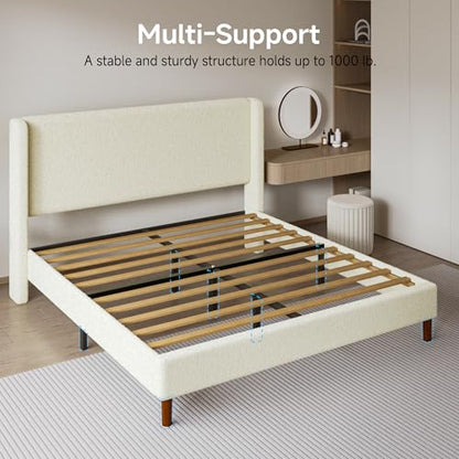 Queen Bed Frame, Boucle Upholstered Platform Bed with Wingback Headboard, view 6