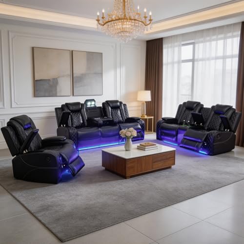 Living Room Furniture Sets, Power Recliner Sectional Sofa with LED Lights, Leather Couch Set, Reclining Sofa for Living Room, Home Theater,and Office (3PCS Set, Black)