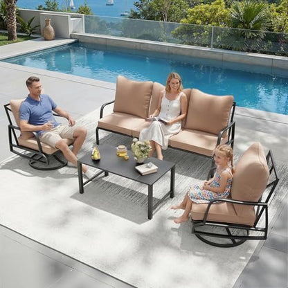 Patio Furniture Set, 4 Piece Outdoor Patio Furniture Set, 2 x Outdoor Swivel Chair, 1 x 3-Seats Sofa and 1 x Coffee Table, Metal Conversation Set for Porch, Balcony, and Backyard
