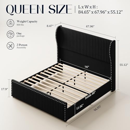 Queen Size Bed Frame with 55" Headboard Nailhead Trim Design, Black, view 3