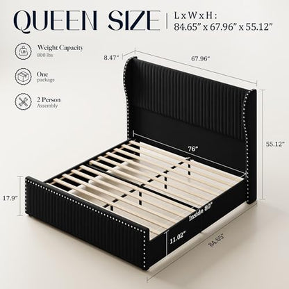 Queen Size Bed Frame with 55" Headboard Nailhead Trim Design, Black, view 3