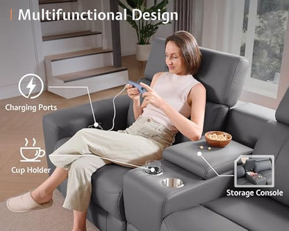 Power Recliner Sectional Sofa with Storage/USB Port, Leather Recliner Sofa with Adjustable Headrest, Reclining Sectional Couches with Console and Cup Holder for Living Room (Gray, 5-Seater)
