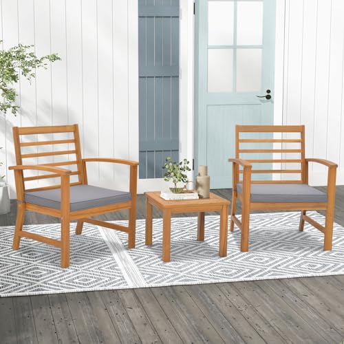 3 Pieces Outdoor Furniture Set, Acacia Wood Conversation Set with Soft Seat Cushions, Stable Acacia Wood Frame, Patio Sofa & Coffee Table Set for Backyard, Porch, Poolside (Grey)
